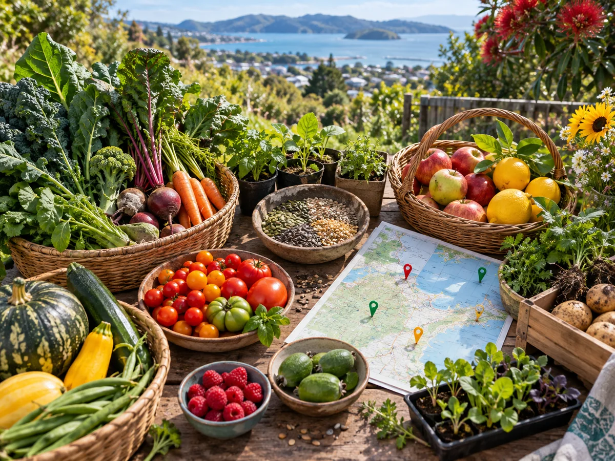 Fresh produce surrounding a map of community food locations