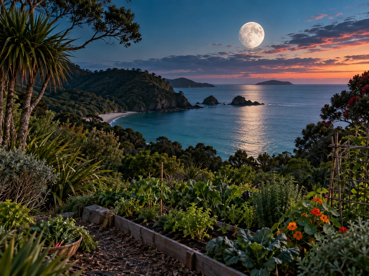 Moon over a coastal māra at dusk